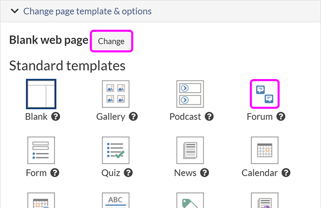 The 'Create new page' screen, with the option to create a forum page highlighted