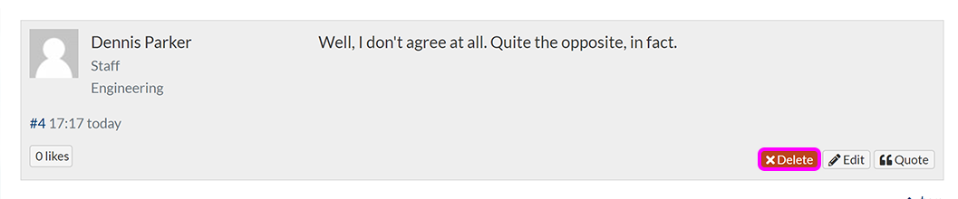 A forum reply with the 'delete' button highlighted