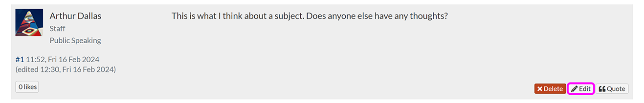 A forum reply with the 'Edit' button highlighted