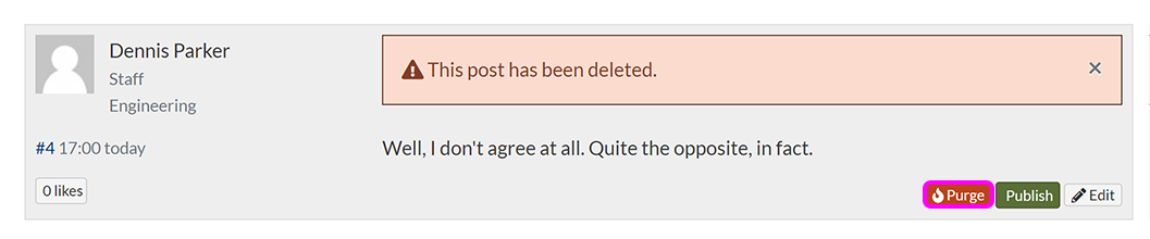 A deleted forum reply with the 'Purge' button highlighted