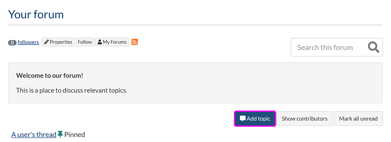 The top of a SiteBuilder forum page, with the 'Add topic' button highlighted