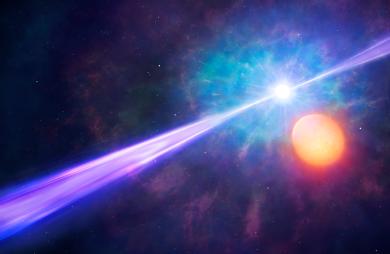 Artist’s impression of gamma-ray burst with orbiting binary star. Credit: University of Warwick/Mark Garlick