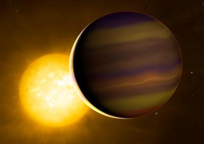 Exoplanet HD 209458b transits its star. The illuminated crescent and its colours have been exaggerated to illustrate the light spectra that the astronomers used to identify the six molecules in its atmosphere. Credit: University of Warwick/Mark Garlick