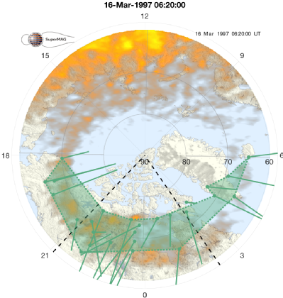 Map representing a snapshot of the community structure at the time of maximum auroral expansion. (Background map credit: SuperMAG)