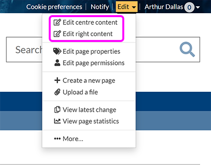 The SiteBuilder 'Edit' menu, with the options to 'Edit centre content' and 'Edit right content' highlighted
