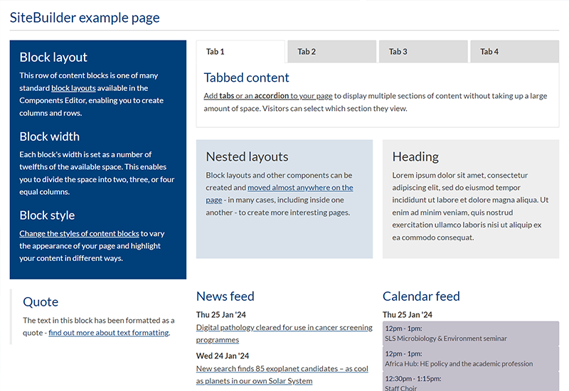 An example SiteBuilder page using block layouts, Tabbed content, and Calendar & News feeds, 