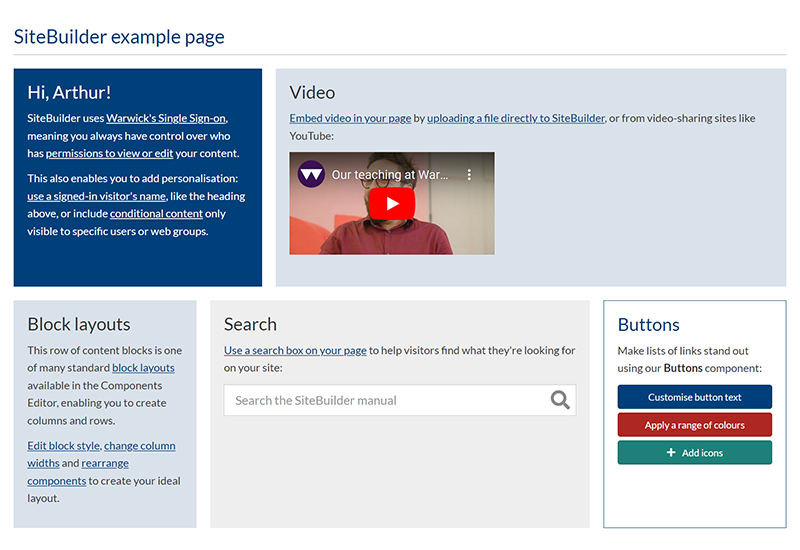 An example SiteBuilder page using block layouts, video, search, and buttons components