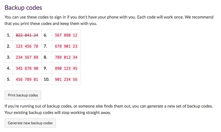 Backup codes
