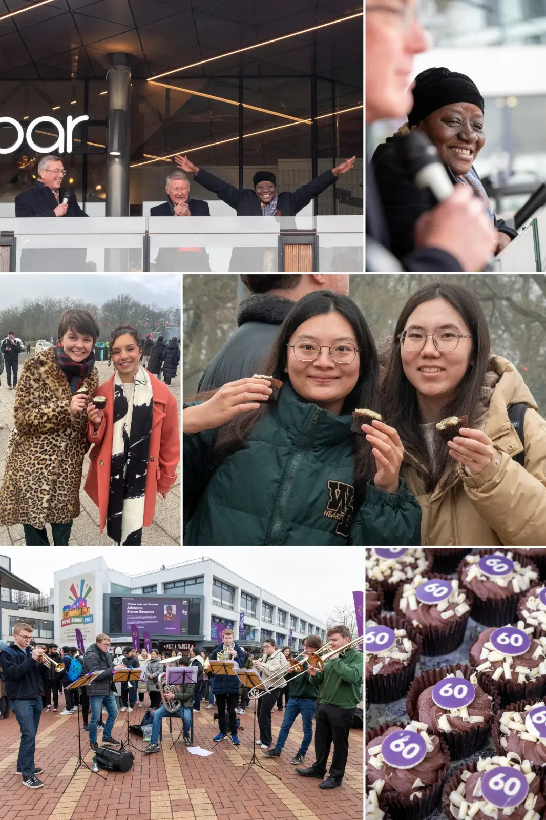 This collage of photographs captures a celebration event. The top-left image shows individuals on a balcony, with one person raising their arms in excitement. The top-right image is a close-up of a speaker smiling while holding a microphone.  The middle-left image features two people outdoors posing for a photo. The middle-right image shows two individuals smiling at the camera.  The bottom-left image captures a live musical performance with a brass ensemble playing in an open area with a crowd in the background. The bottom-right image presents a close-up of chocolate cupcakes decorated with "60" toppers.