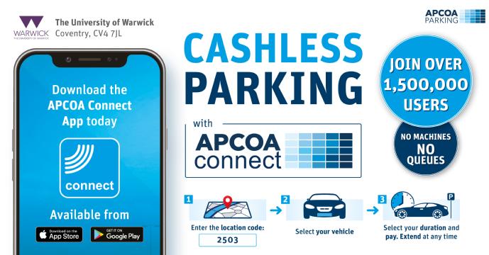 An image promoting the use of the APCOA Connect app which has over 1.5 million users. Download the app, enter the location code 2503, select your vehicle and duration before paying. Extend your stay at any time.