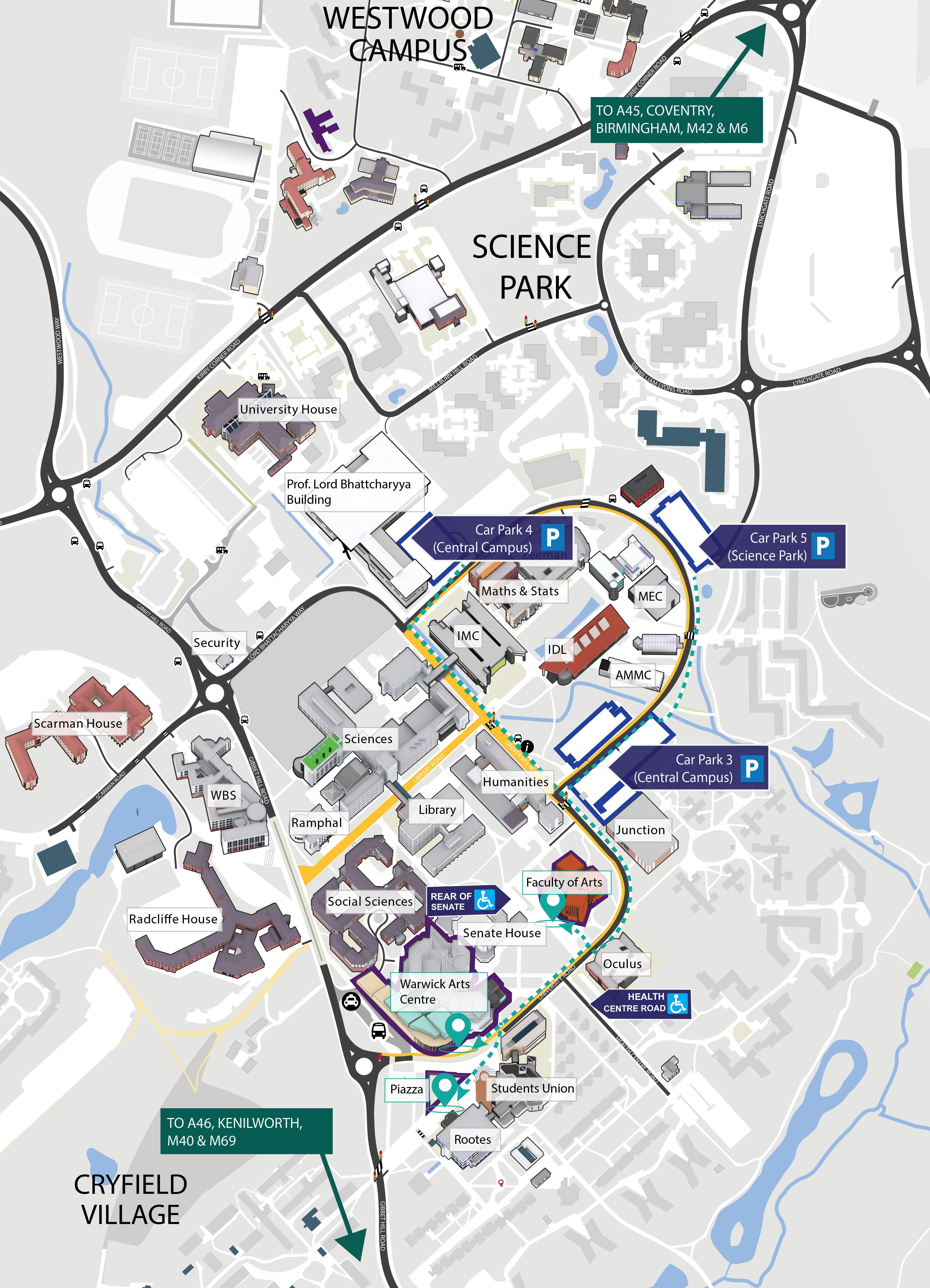 An aerial view of the campus showing the car parking locations for the Reunion Day, including accessible parking locations. 