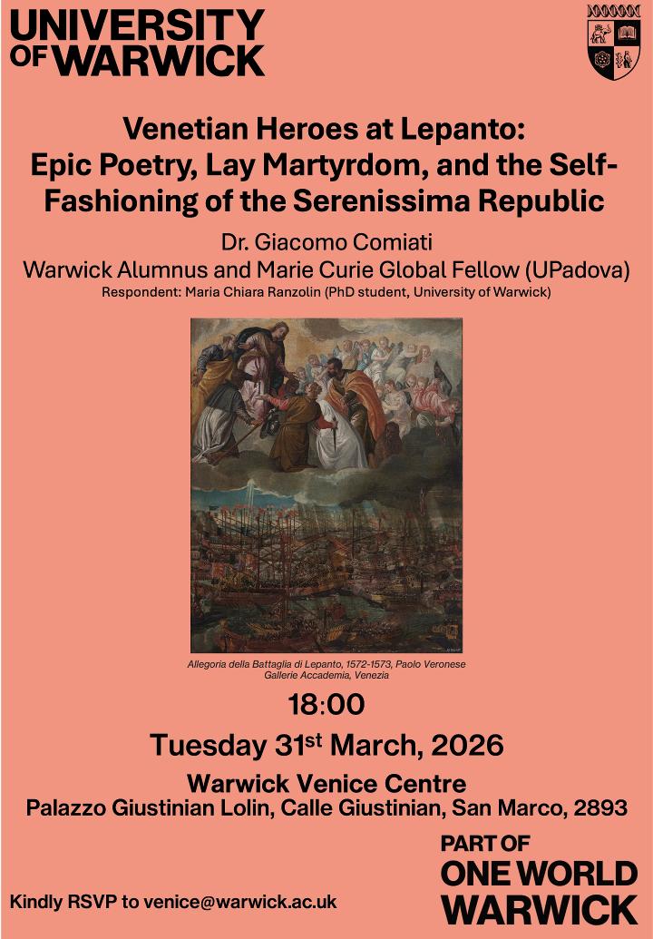Poster for Giacomo Comiati talk on 31st March at Warwick Venice CEntre