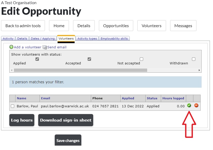 Screenshot of a volunteer page on the WV Portal highlighting where to click to accept a volunteer