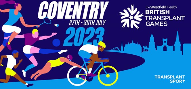 Colourful stylised image of people playing various sports alongside the words Coventry 27th - 30th July and British Transplant Games