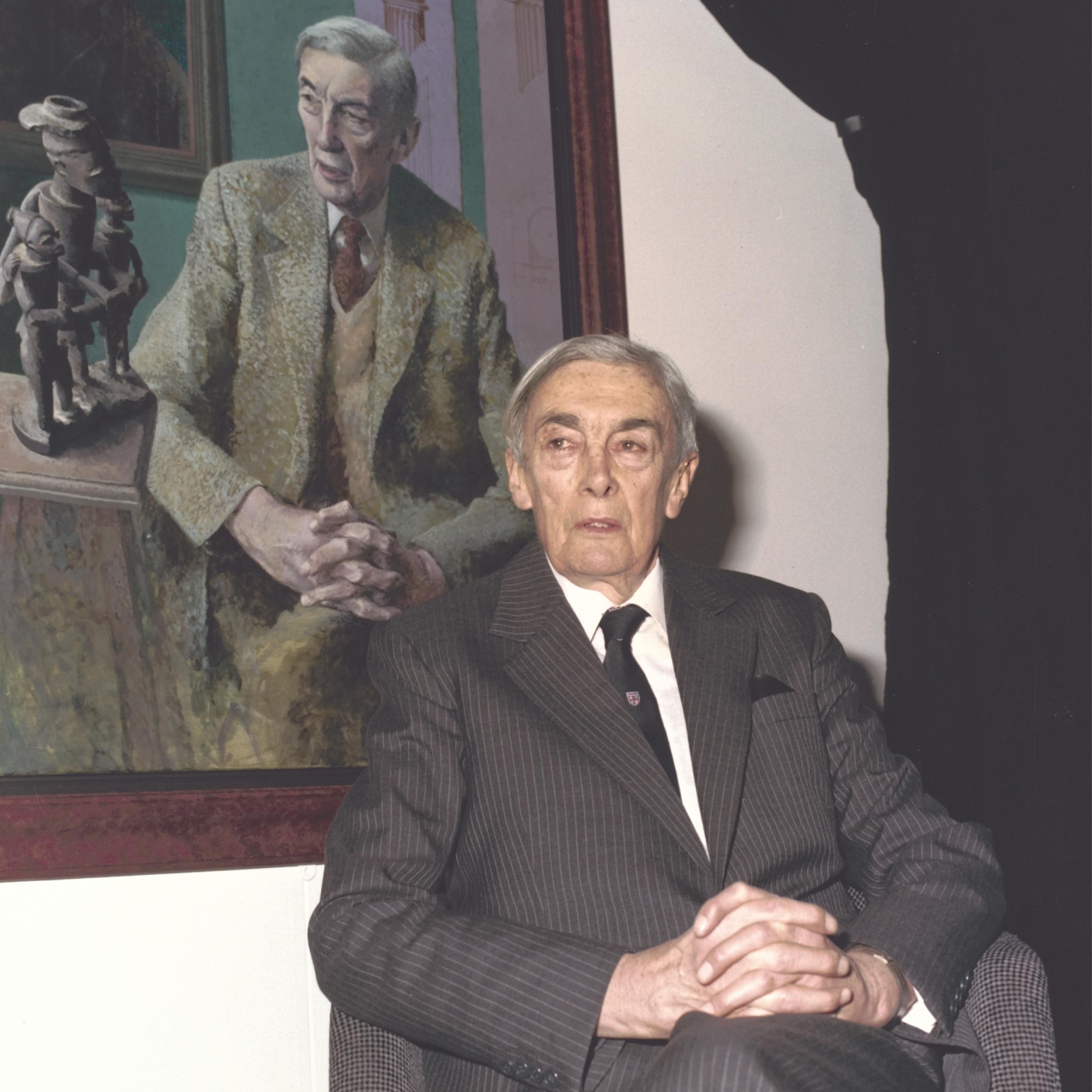 Lord Scarman, who retired as Chancellor in 1989, at the unveiling of a specially-commissioned portrait by Tom Phillips; the portrait now hangs in the Senate House