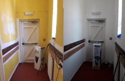 Hallway at the school, before and after