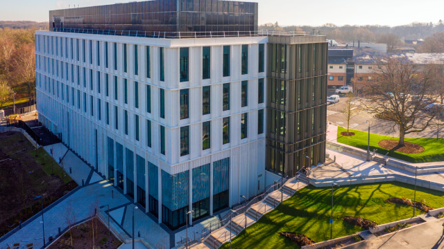 A drone photograph of the exterior of the Interdisciplinary Biomedical Research Building (IBRB)