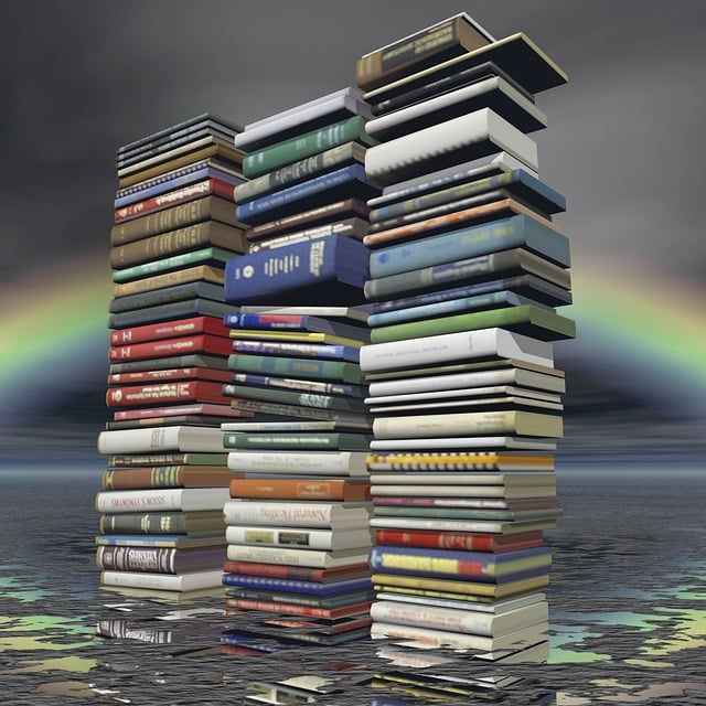 Pile of books and rainbow