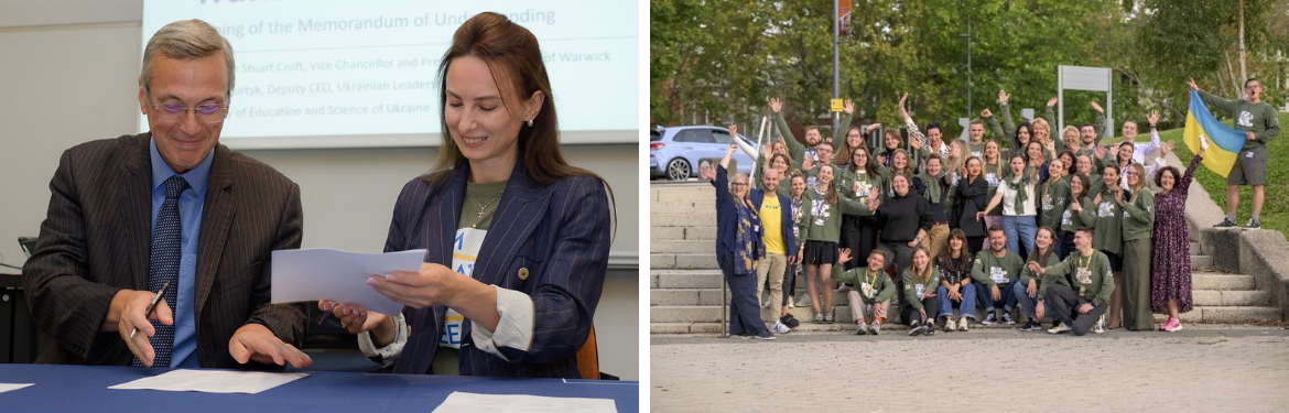 VC signing agreement and students on the piazza
