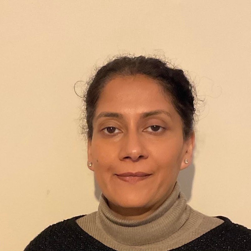 Pervin wears a grey polo neck and her hair up