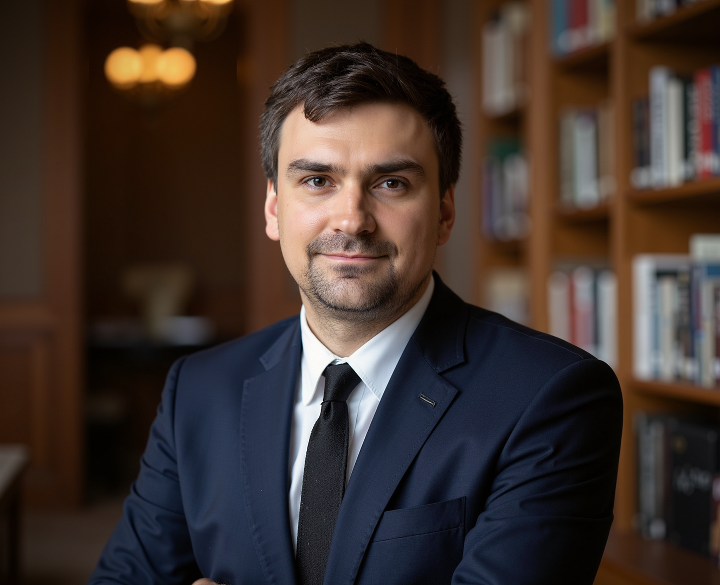 Yury smiles at camera in a suit