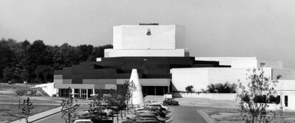 Students sat outside the Warwick Arts Centre.