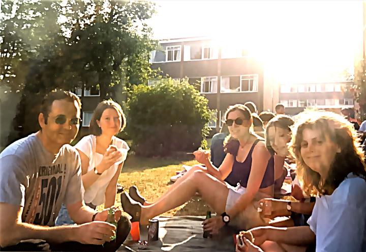 Abby and friends outside accommodation