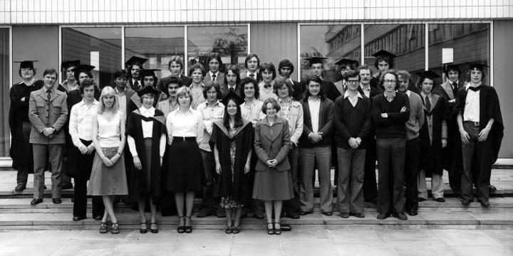 Colin with his classmates in a black and white photo
