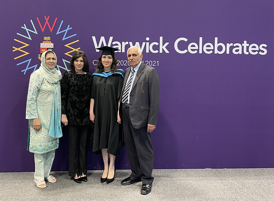 Amina at graduation with family L-R Mother, Sister, Amina and Father.