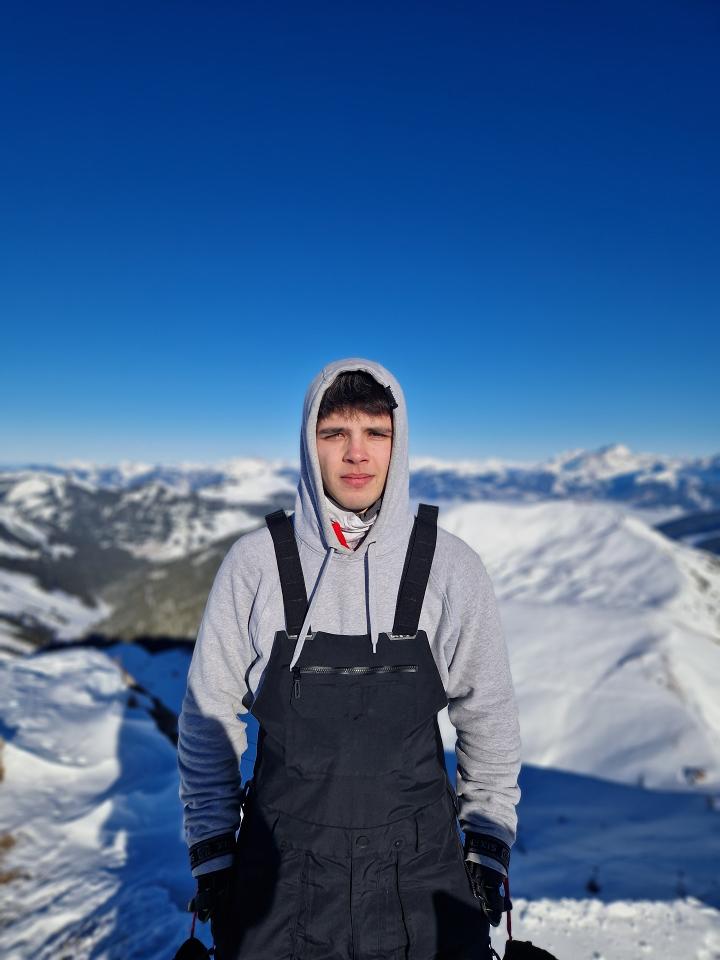 Winston against a snowy backdrop