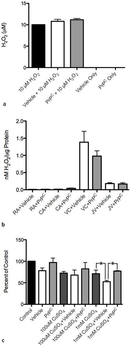 Figure 7:  Effect of exogenous PrPC on H2O2 and copper-induced cytotoxicity. a Detection of H2O2 using a chemical model.