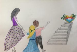 Two children leading their Mother up a staircase to a heart shaped oasis