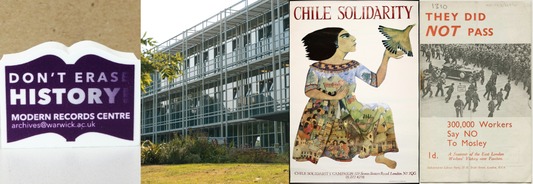 A collage of MRC exterior and posters and badge from MRC that is about Chile Solidarity, workers movement, and history