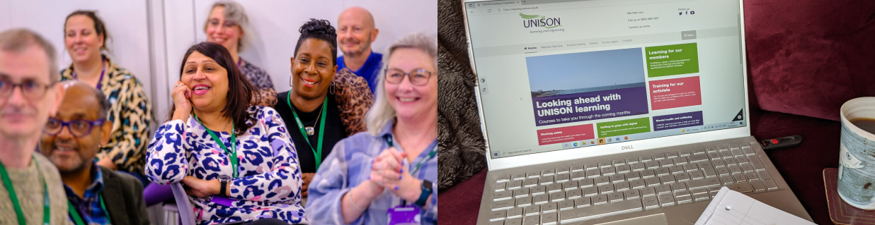 A collage of two images: left is a diverse group of members in a conference sitting together smiling and clapping; the other is a laptop screen that showcases the UNISON learning website