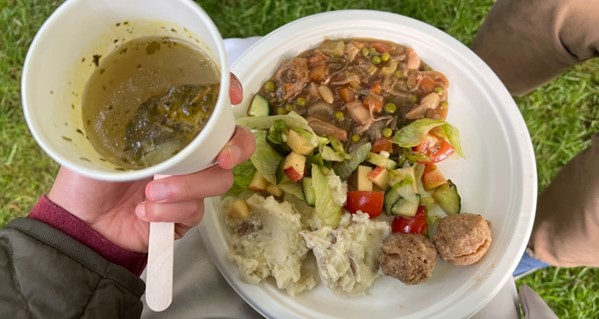 A beautiful vegan meal made up of vegan Jewish soup, jackfruit curry, oak milk potato mash, salad and matzo balls, made by UNISON member