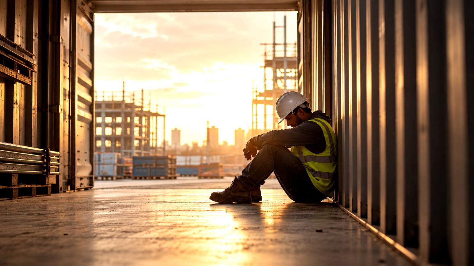 A construction worker sits alone.