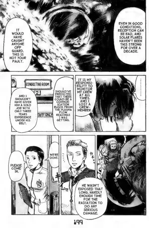 Planetes manga vol 1 pg 199 showing characters discussing solar storm