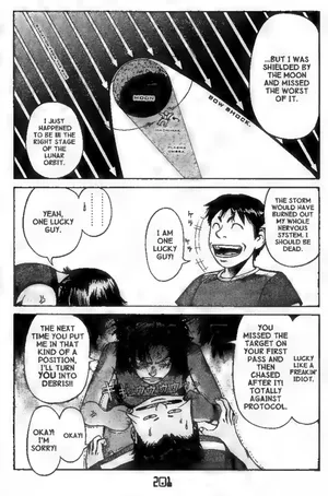 Planetes vol 1 page 201, showing reaction to a close escape
