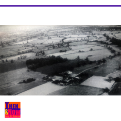 “The site from the air looking north east, 1964. The Central Campus is the middle distance; in the foreground is Cryfield House Farm, whose land formed the gift of the County. Its track joins Gibbet Hill Road. On the far right is part of Tocil Wood.”