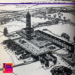 “The possible appearance of a University College of Coventry. This imaginative scheme by Arthur Ling and Stewart Johnston was produced about June 1958 and published the following December. It accommodated 670 students and 81 staff in 14 departments. The arts were housed in the 21-storeyed tower block with the Great Hall behind, while the sciences and administration were in the long five-storeyed building to the right. Nearer the view point was the Department of Architecture with its courtyard garden. Seven halls of residence pointed outwards. The Gibbet Hill crossroads are behind the top of the tower, with the Kenilworth Road running to the left and Gibbet Hill Road to the right.”