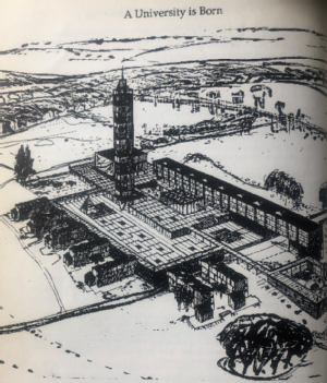 4. “The possible appearance of a University College of Coventry. This imaginative scheme by Arthur Ling and Stewart Johnston was produced about June 1958 and published the following December. It accommodated 670 students and 81 staff in 14 departments. The arts were housed in the 21-storeyed tower block with the Great Hall behind, while the sciences and administration were in the long five-storeyed building to the right. Nearer the view point was the Department of Architecture with its courtyard garden. Seven halls of residence pointed outwards. The Gibbet Hill crossroads are behind the top of the tower, with the Kenilworth Road running to the left and Gibbet Hill Road to the right.”