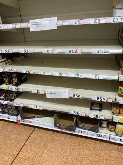 Empty supermarket shelves during 2020 lockdown in Tesco Metro, Royal Leamington Spa. By Christopher Hofmann.