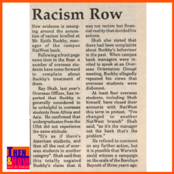 Article in the Boar describing racist prejudice by one of the onsite bank managers. 25th Oct 1989. Warwick Digital Collection.
