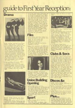 First Year's Magazine 1975. Details for discos held in Freshers week however they receive much less attention compared to the live music. Warwick Digital Collection.