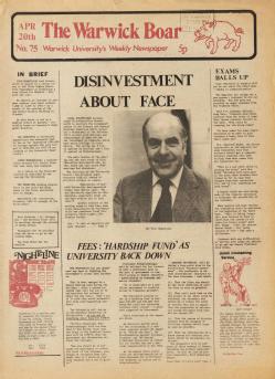 Reporting on recent plans to increase the student fees at UK universities The Boar 1977 no. 75. Warwick Digital Collection.