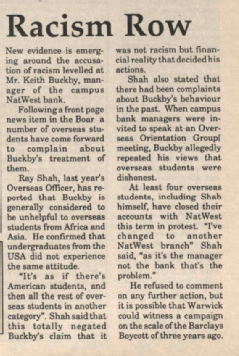 Article in the Boar describing racist prejudice by one of the onsite bank managers. 25th Oct 1989. Warwick Digital Collection.