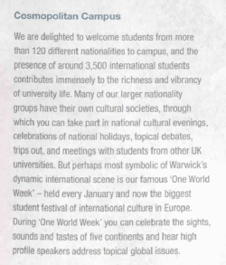 Cosmopolitan Campus. Warwick promoting itself as an international university. 2006 prospectus. 