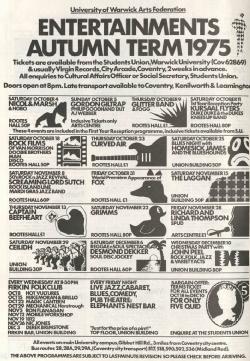 Poster produced in 1975 showing the Winter Terms top SU events, some only cost 30p Warwick Digital Collection.