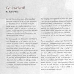 Description of SU as a place to socialise and hub for nightlife in the 2006 prospectus. Warwick Digital Collection.