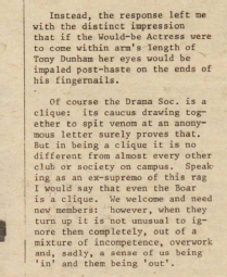 The Boar. Issue 74, 1977. An article complaining about the ‘bitchiness’ of the Drama Society.